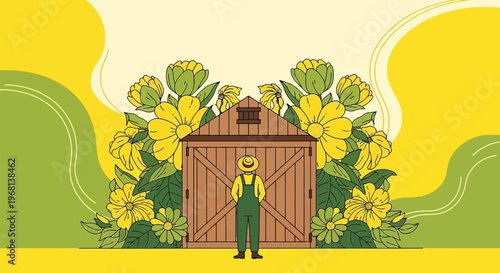 Farmer Standing Before Wooden Shed Surrounded by Yellow Flowers and Greenery