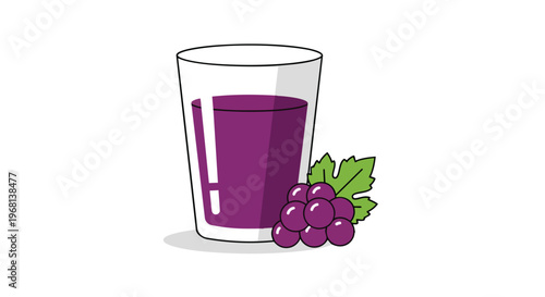 Vibrant purple grape juice in a clear glass, accompanied by a fresh bunch of ripe grapes and a green leaf, perfect vector art for health, natural