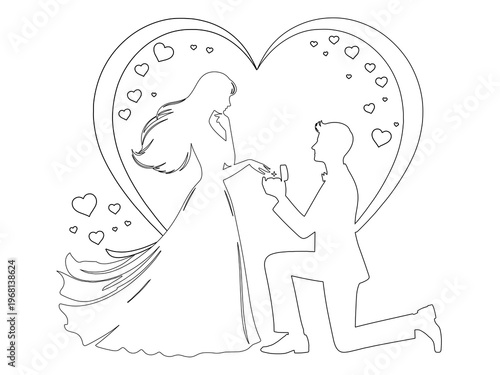 Minimalist Marriage Proposal Line Art, Continuous Line Engagement Icon, Vector Romantic Couple Illustration