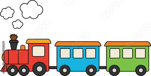 Cute cartoon train with colorful wagons, simple kids transportation illustration, toy locomotive and carriages vector design isolated on background