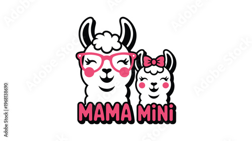 Mama mini llamas wearing glasses and bow, representing mother and child bonding.