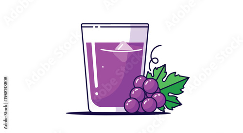 Vibrant illustration portraying a refreshing glass of purple grape juice with an ice cube, alongside a luscious cluster of fresh grapes and a green