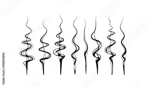 Ethereal smoke flow vector with rising abstract vapor shapes in black silhouette on white background