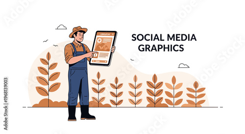 Farmer with Tablet in Field, Social Media Graphics Concept