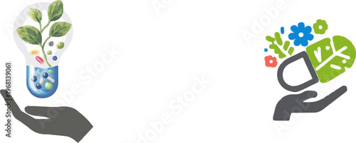 A hand delicately holds a glowing capsule filled with abstract colorful nutrients, symbolizing advanced longevity supplements in a high-contrast 2D design with vibrant blue and white colors