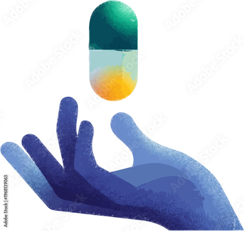 A hand delicately holds a glowing, biotechnologically advanced pill against a stark white background, symbolizing the intersection of human care and cutting-edge medical innovation