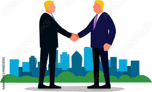 Two business professionals in suits shake hands against an urban backdrop, symbolizing a successful partnership or agreement