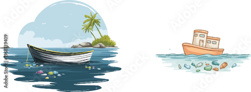 A small boat collects plastic waste in a pristine ocean setting, surrounded by a tropical island with lush greenery and palm trees