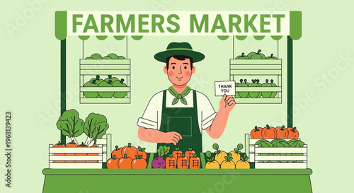 Farmers Market Stall Vendor with Fresh Produce and "Thank You" Sign