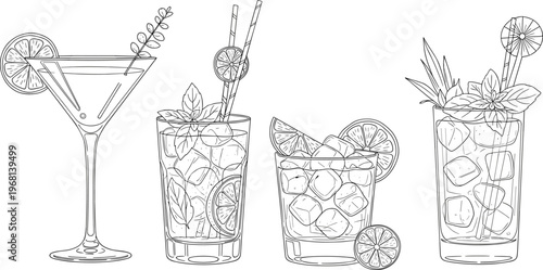 Hand-drawn Cocktail Glass Set with Martini and Refreshing Drinks with Ice and Citrus for Bar, Beverage, and Party Designs