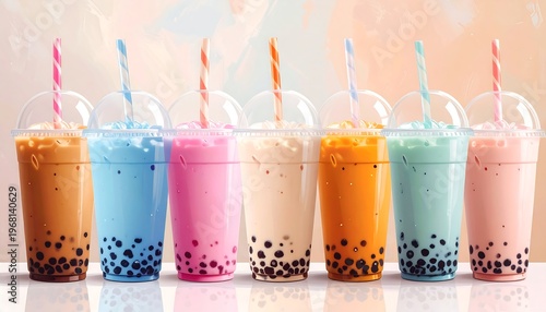 A row of colorful bubble tea drinks with straws