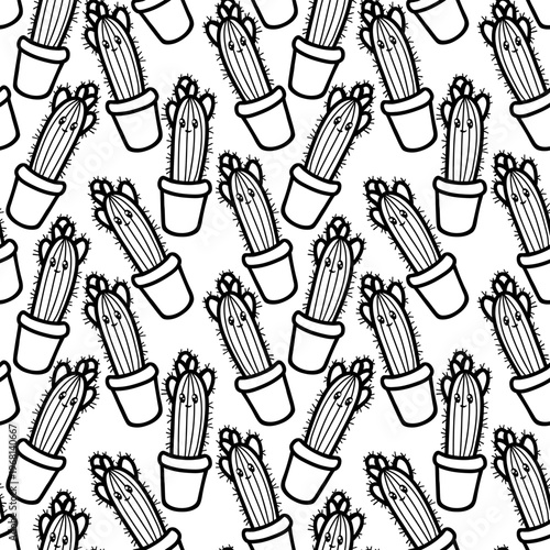 Seamless floral line art pattern black outline on white background vector illustration