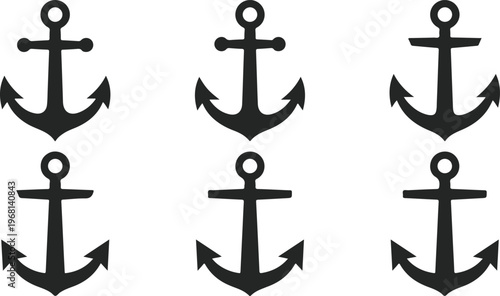 Set of six different anchor icons in black silhouette style
