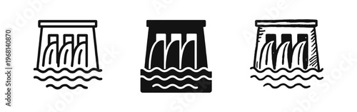 Hydroelectric Dam Icons - Hydropower Renewable Energy and Water Power Generation Symbols