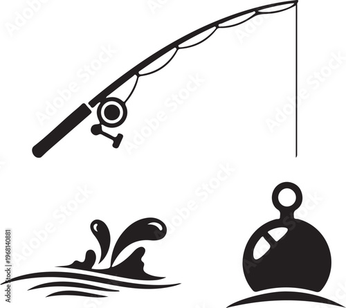 Fishing rod with reel, water splash and fishing float icon set