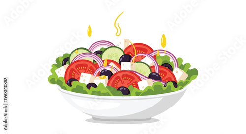 Vibrant Mediterranean Salad with Fresh Vegetables and Feta Cheese, Drizzled with Golden Oil for a Wholesome Dish