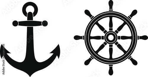 Anchor and ship wheel icons set isolated on white background