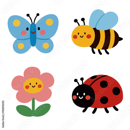 Cute Cartoon Spring Insects & Flower Illustration Set