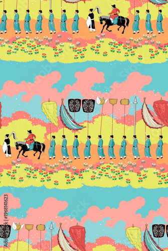 Joseon Dynasty Royal Guard Procession on Beautiful Korean Mountain Trail, Seamless Pattern Vector Illustration