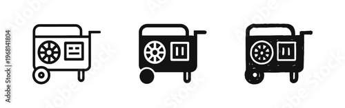 Portable generator machine icon set, electricity energy symbol, backup power device, emergency power.