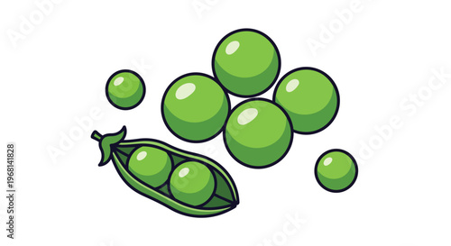 A vibrant, crisp illustration featuring an opened green pea pod revealing its fresh contents alongside a cheerful scattering of wholesome garden