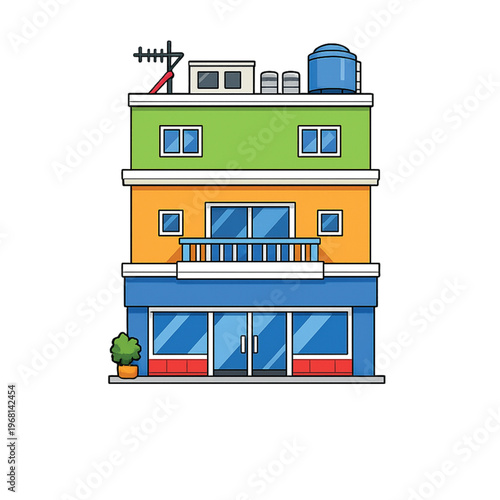 Colorful cartoon illustration of a multistory building with green, orange, and blue walls