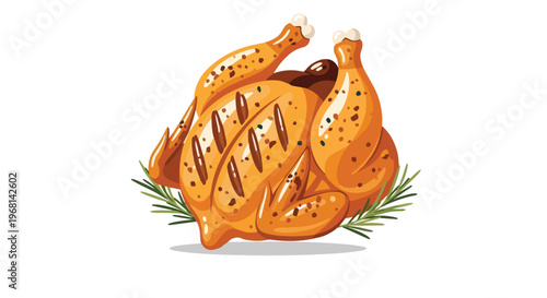 A vibrant illustration of a perfectly roasted golden poultry with fresh fragrant rosemary, symbolizing delicious celebratory meals and comforting