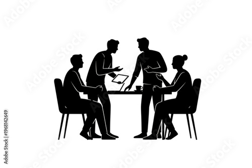 Strategic Dialogue: A silhouette captures a focused meeting where individuals converge, exchanging thoughts and ideas around a table, symbolizing collaboration and shared objectives.