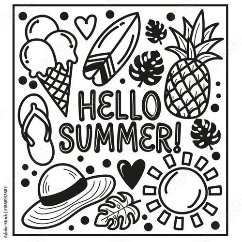 Cute Summer Illustration with Surfboard, Pineapple, Ice Cream, and Flip Flops for Seasonal Decor and Fashion