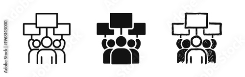 People Holding Signs Protest Icon Set, Public Demonstration, Community Activism, and Opinion Symbols
