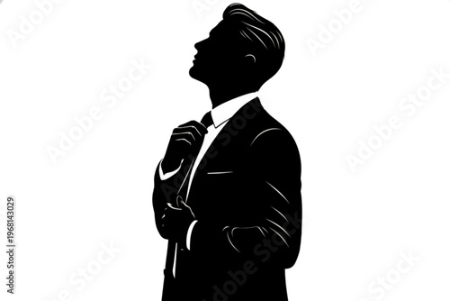 Refined Confidence: A sharply dressed man, silhouetted against a plain backdrop, exudes an aura of self-assuredness as he adjusts his tie. 