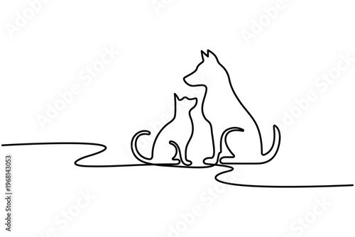 Cat and dog continuous one line drawing minimalist outline vector illustration isolated on white background