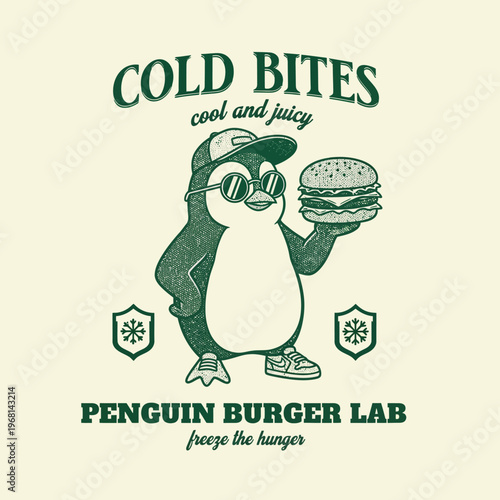 Penguin holding a burger wearing sunglasses.