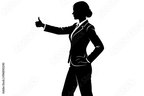 Silhouette of Success: A determined businesswoman, rendered in elegant silhouette, confidently displays a thumbs up gesture, conveying unwavering approval, achievement and embodying professionalism.