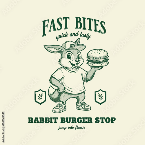 Rabbit holding a burger happily outside.