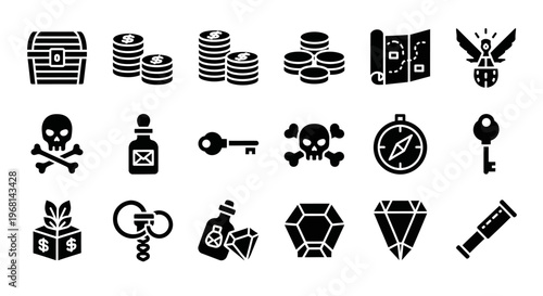Pirate treasure icons, black vector set, 20 symbols, treasure hunt, piracy, black icons
