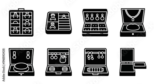 Jewelry display cases, black and white icons, 8 pieces, vector graphics, jewelry showcases