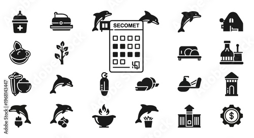 Industrial icons, factory symbols, machinery graphics, 25 black vector icons