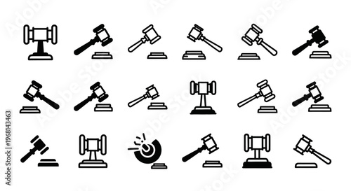 Judge gavel icons, law symbols, courtroom graphics, 20 black vector illustrations