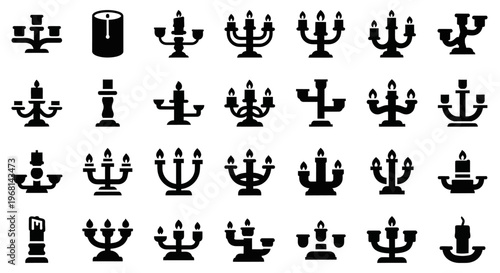 Menorah icons, Jewish candelabras, black silhouettes, Hanukkah symbols, vector graphics