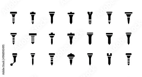 Screw icon set, black silhouette screws, fastener symbols, 20 industrial bolts