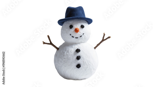 Obraz na plátně Fluffy snowman with blue hat and twig arms, isolated on transparent background