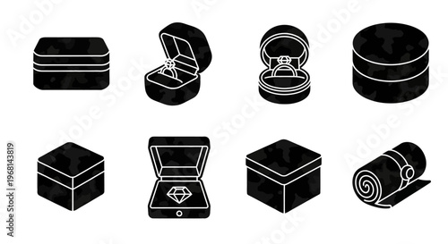 Jewelry box icons, black and white, vector set, 8 pieces, gift box, packaging symbols