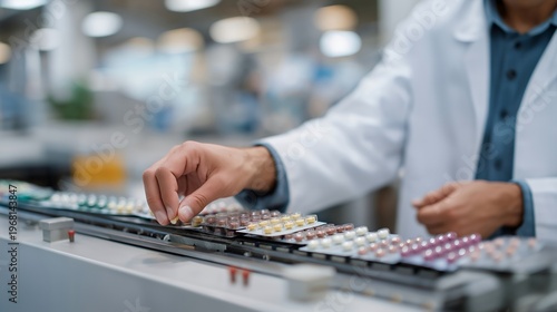 Technician fills blister packs with color-coded tablets using automated packaging line, vision system verifying correct medication placement in pharmaceutical facility, ideal for drug manufacturing