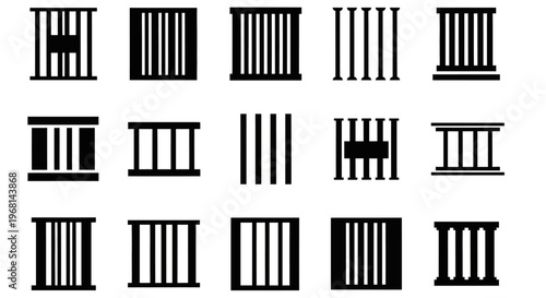 Prison, jail, cell, bars, icons, 16 black and white vector graphics