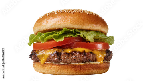 Konstfotografi Juicy beef burger with melted cheese fresh lettuce and tomato slices, isolated o