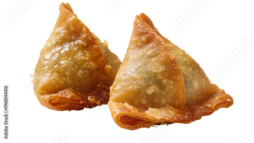 Fotografie Two golden brown crispy samosas with flaky pastry, isolated on transparent backg