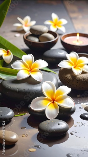 A serene arrangement of smooth stones, flowers, and candles