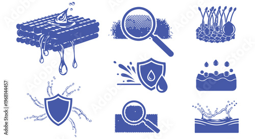 Illustrative vector graphic icons depicting liquid resistance, absorption, and impermeability concepts in blue.