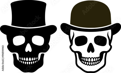Human skulls wearing top hat and bowler hat. Vector illustration of gentleman skeletons in vintage style. Black and white set of skulls for retro design and halloween.